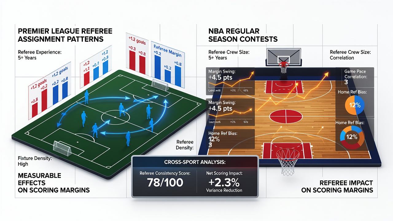 Referee assignment analysis in Premier League and NBA matches showing scoring margin distributions