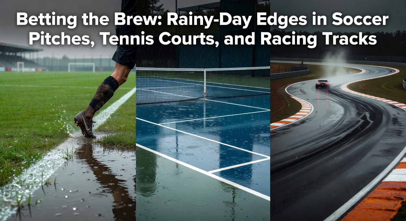 A soccer pitch transformed into a slick, waterlogged field under steady rain, with players navigating puddles during a match