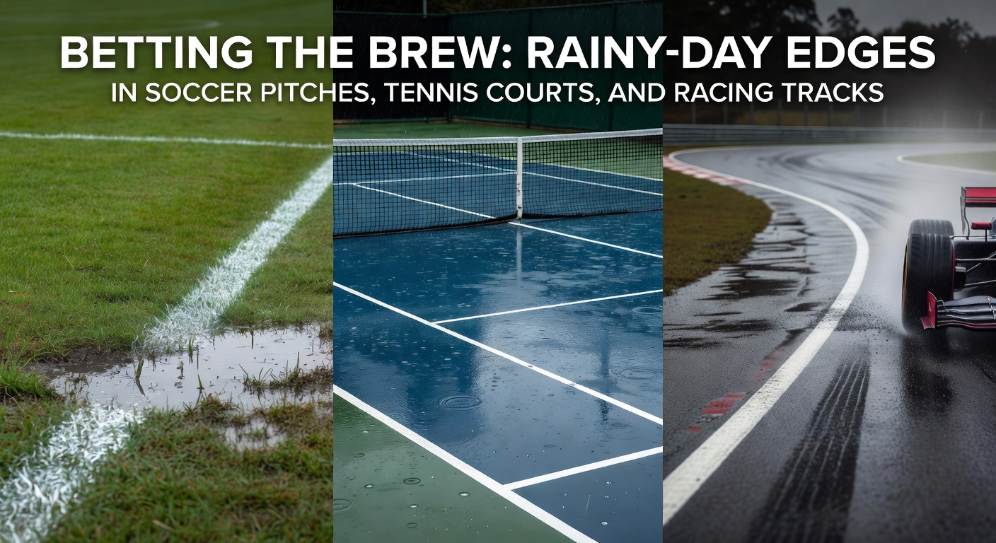 A horse racing track churned into heavy mud during a rainy afternoon race, with jockeys urging horses through the slop