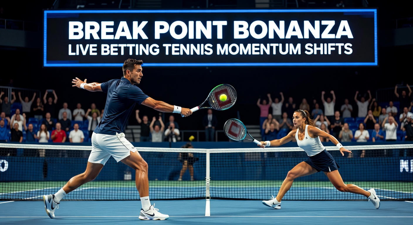 Tennis player serving intensely during a high-stakes match, capturing the tension of a potential break point