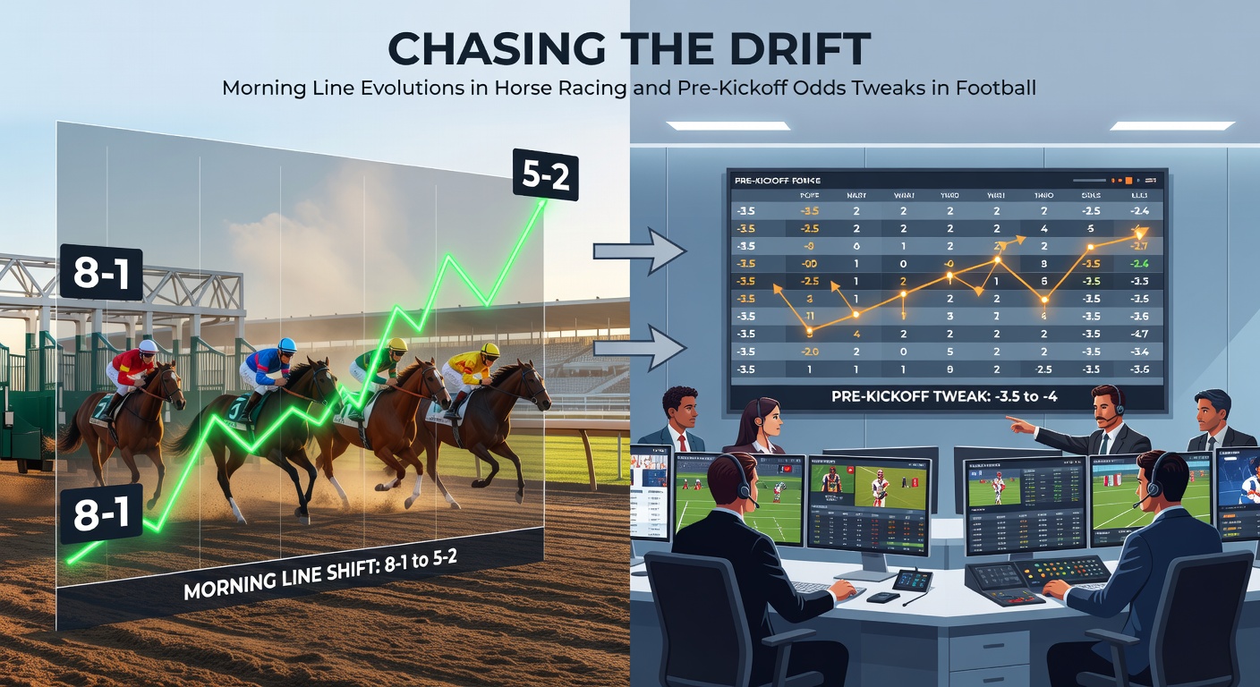 Split-screen graphic comparing a horse racing tote board drift with a football odds screen showing pre-kickoff line movement from sharp to public money