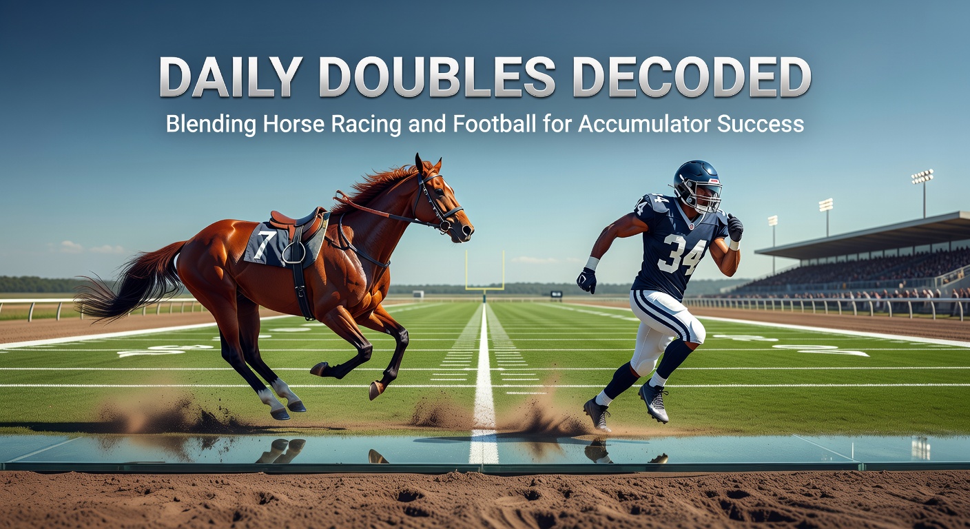 Horse racing track with football pitch overlay, symbolizing blended accumulator bets