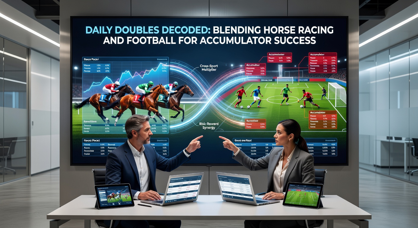 Football players in action with horse racing odds board in background, illustrating accumulator fusion