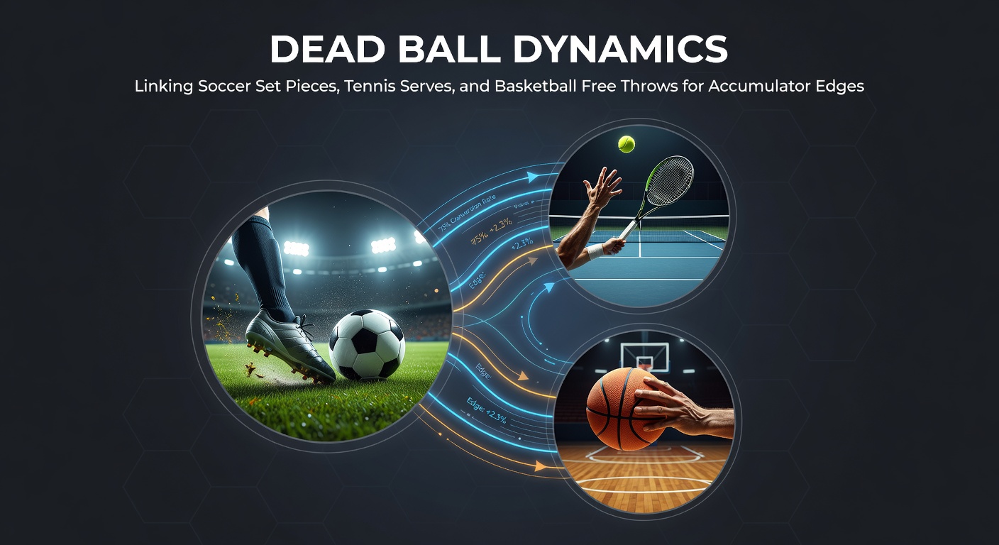A dynamic action shot capturing a soccer free kick curving toward the goal, a tennis player mid-serve, and a basketball free throw in progress, highlighting dead ball precision across sports