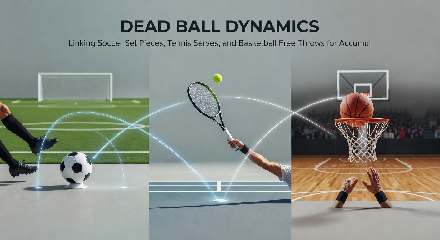 Close-up comparison of a soccer corner flag setup, a tennis serve line-up, and basketball players at the foul line, illustrating shared dead ball tension and strategy