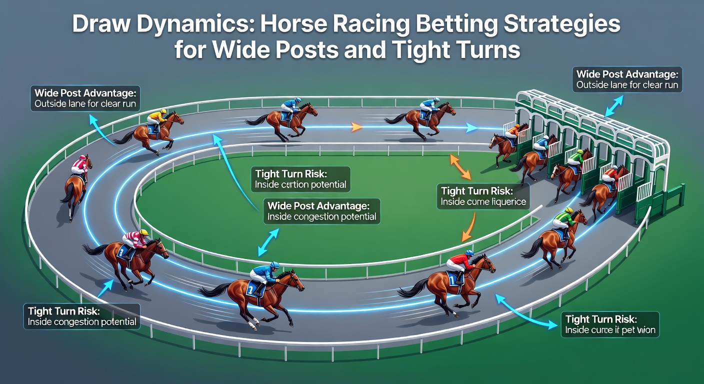 Horses bursting from wide starting posts on a tight turning flat track, illustrating draw bias challenges
