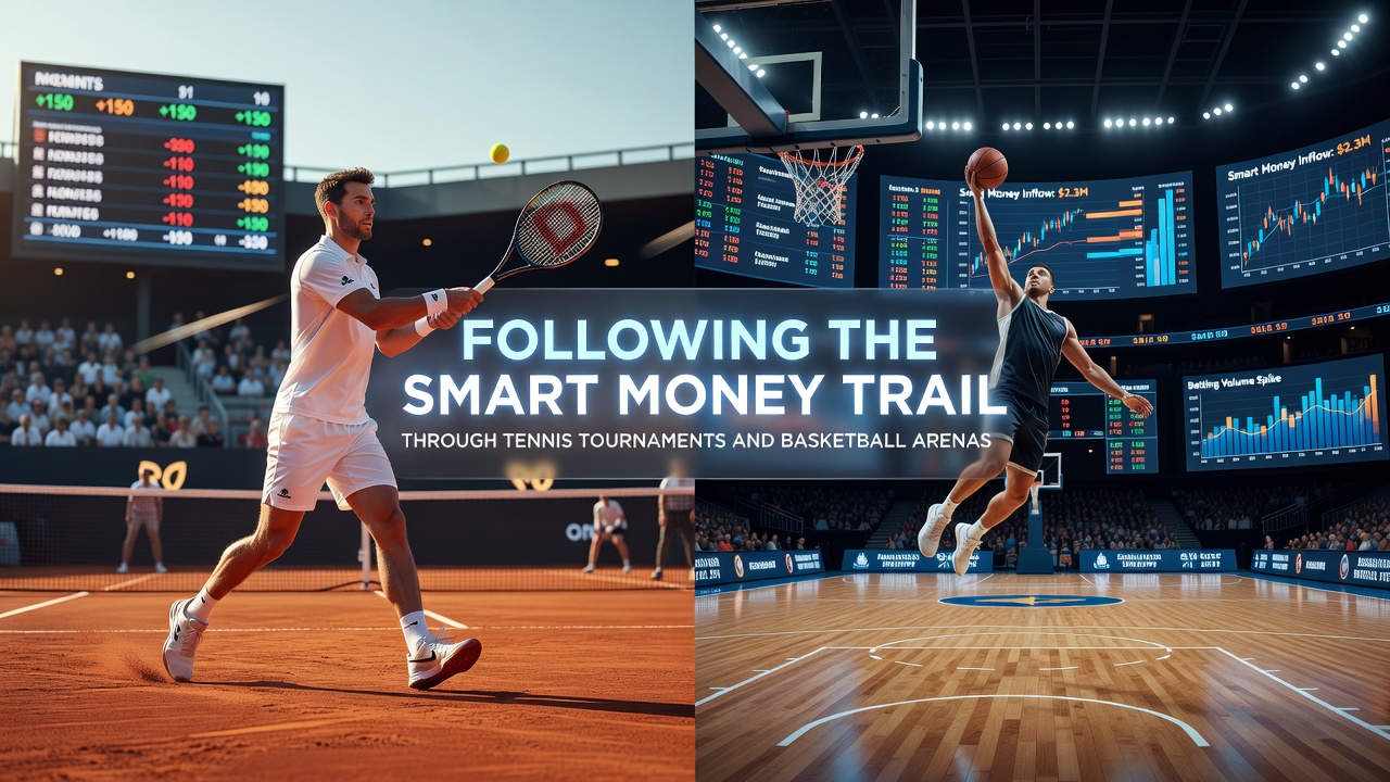 Professional bettors reviewing live odds boards inside a basketball arena during an NBA contest