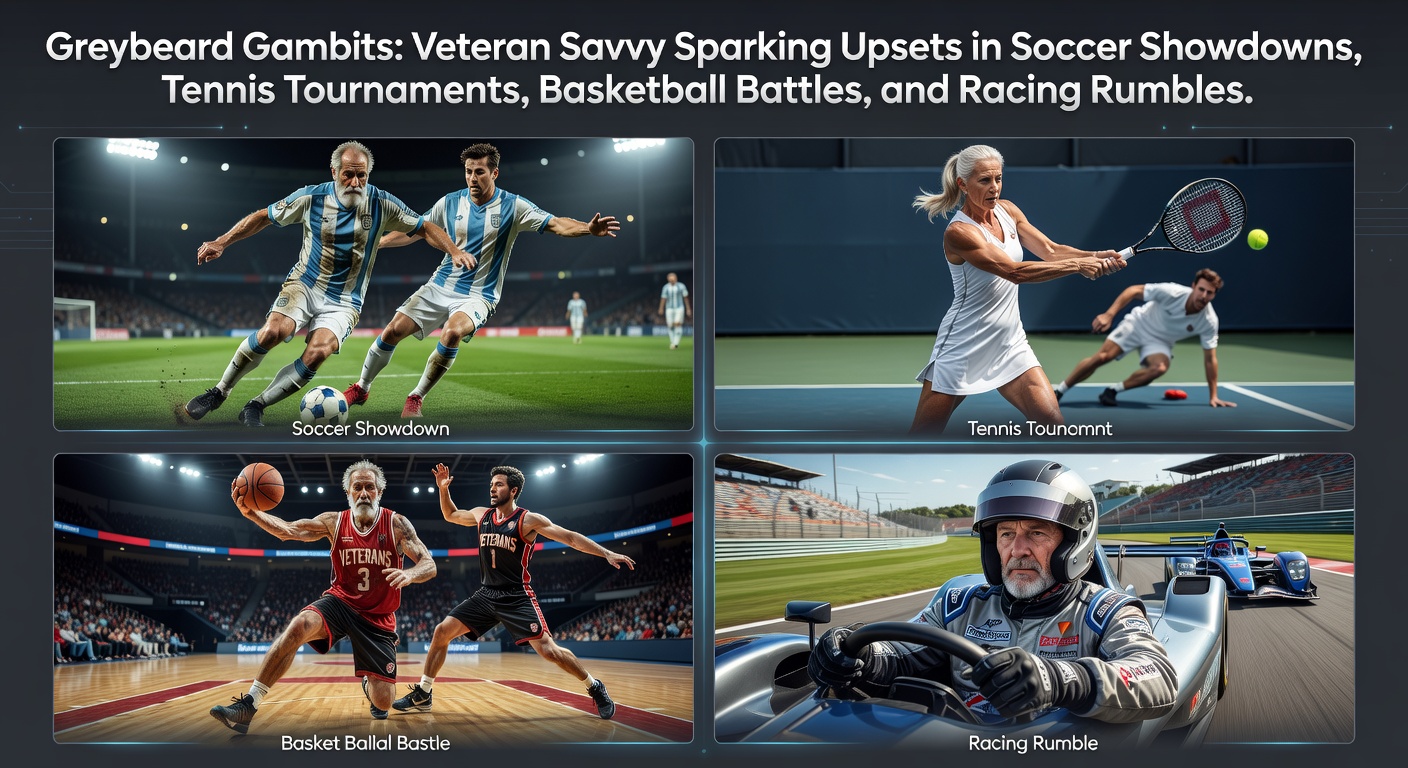 A grizzled veteran soccer player outmaneuvers a younger opponent during a crucial match moment, highlighting experience over youth