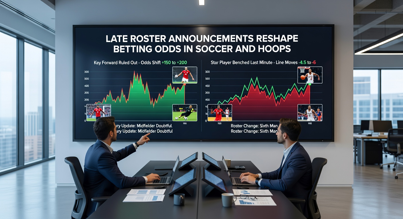 Soccer coach reviewing tablet with staff during late team selection huddle, odds board flickering in background