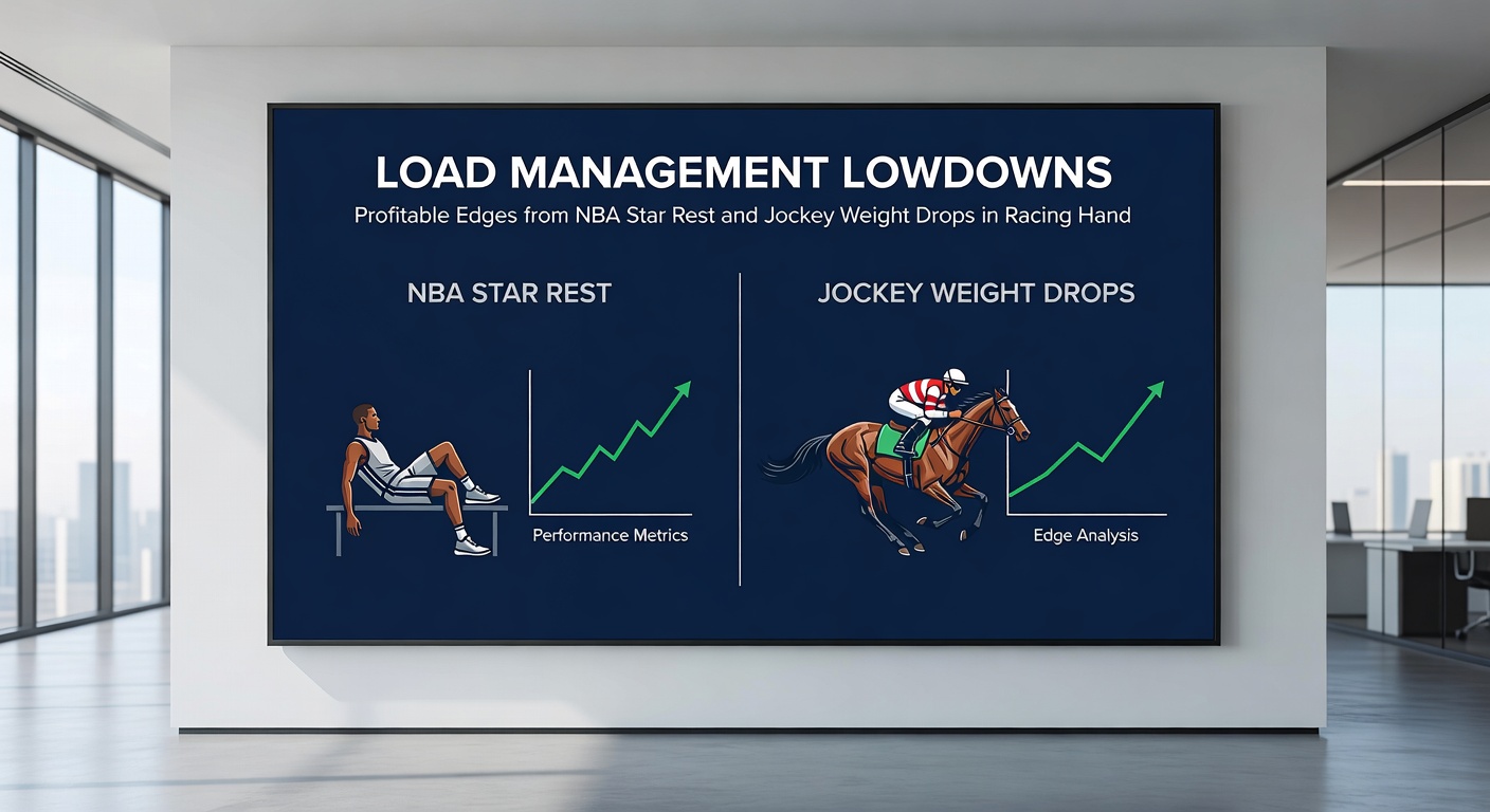 Close-up of a jockey adjusting saddle while an NBA coach confers with a player on the sideline, symbolizing weight tweaks and strategic player rests