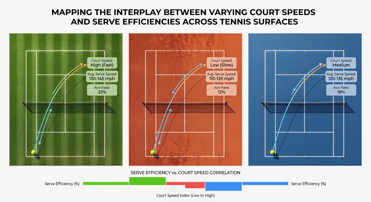 Data visualization of serve win percentages plotted against court speed ratings across multiple Grand Slam surfaces