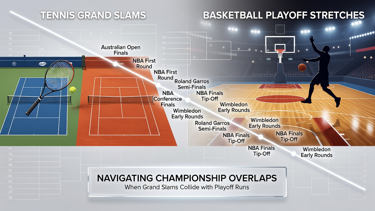 Split screen showing tennis match and basketball playoff game during August overlap