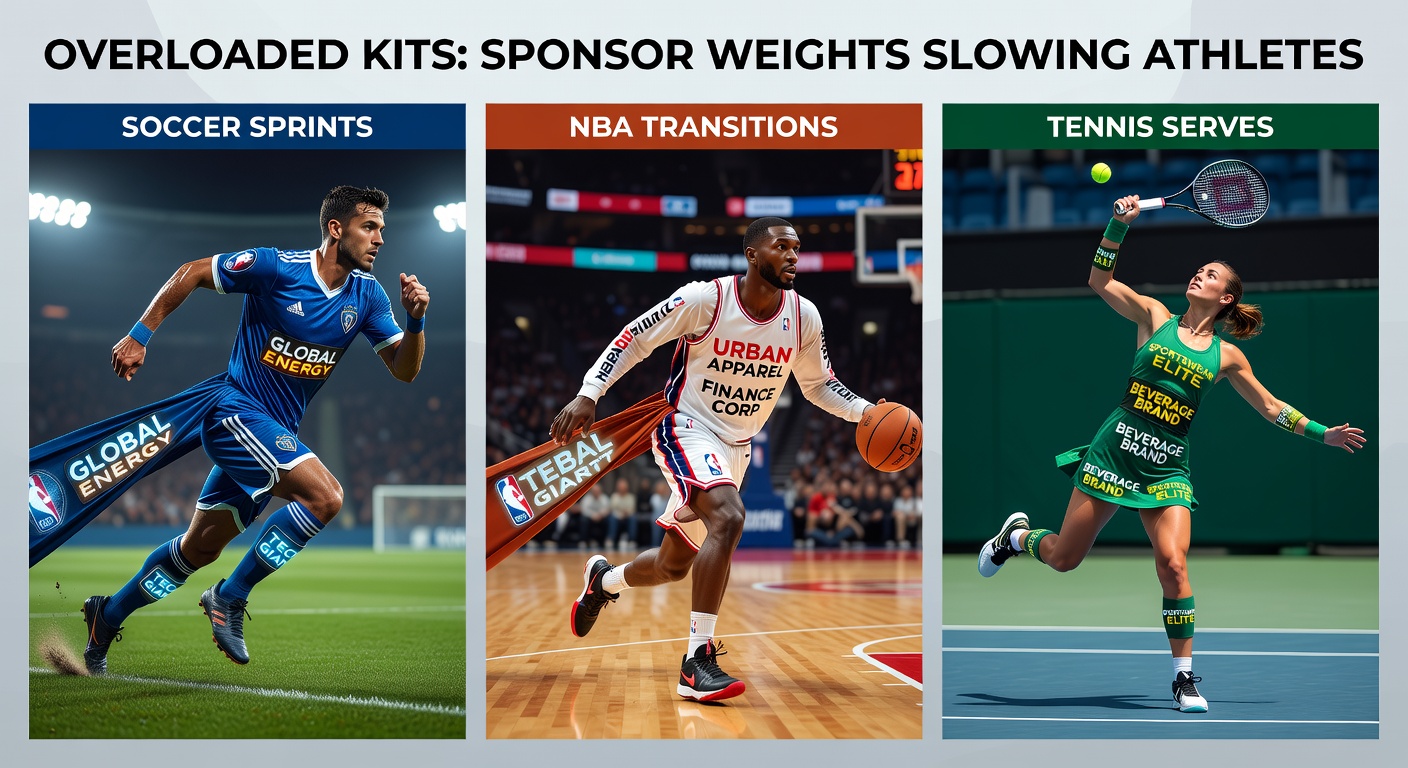 NBA guard accelerating on a fast break, multiple jersey sponsor patches fluttering and adding visible resistance mid-transition