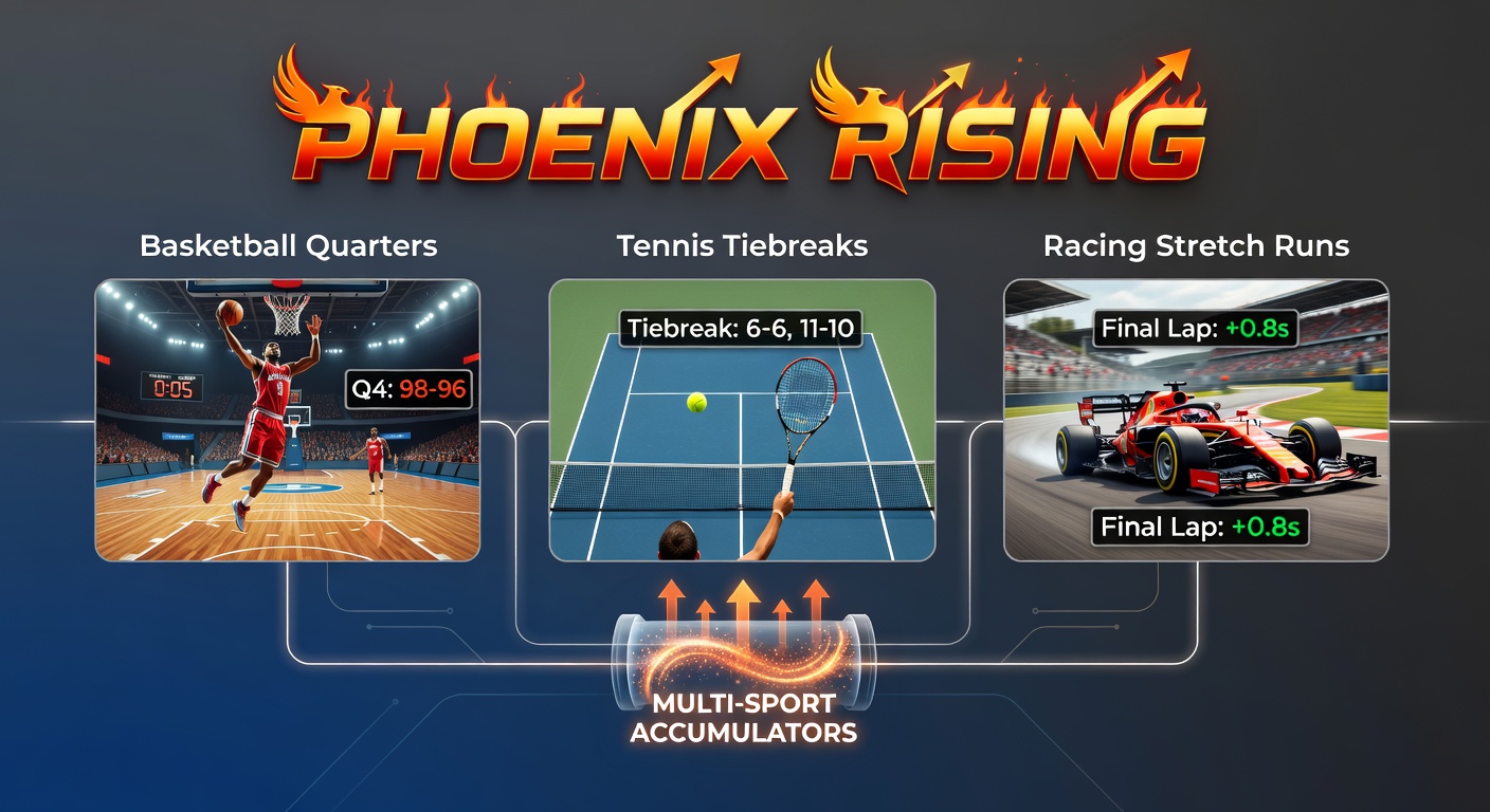 A dramatic basketball comeback in the final quarter, with players surging forward amid cheering crowds, mirroring rally dynamics in tennis and racing