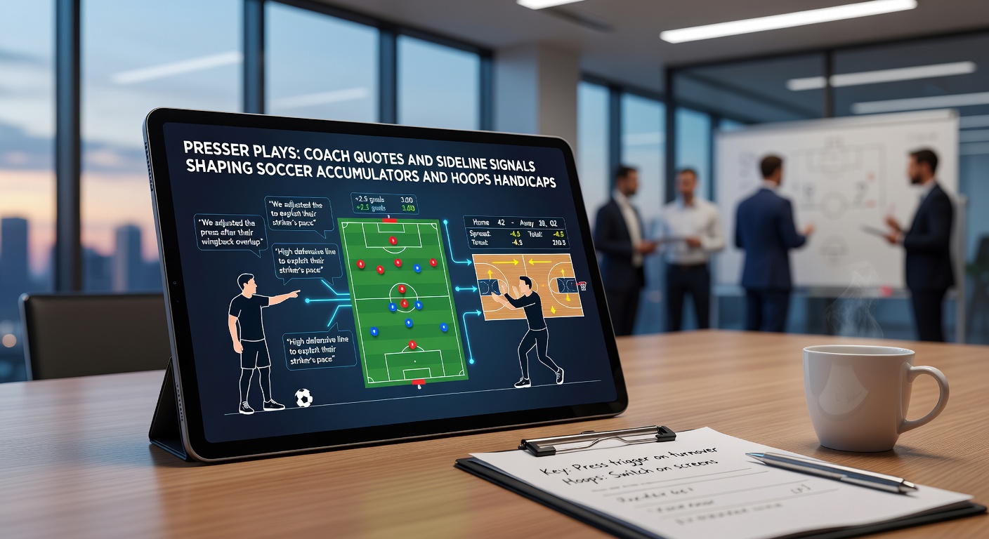 Soccer coach speaking intently at a press conference podium, with microphones clustered around, capturing the moment where subtle quotes hint at upcoming tactics