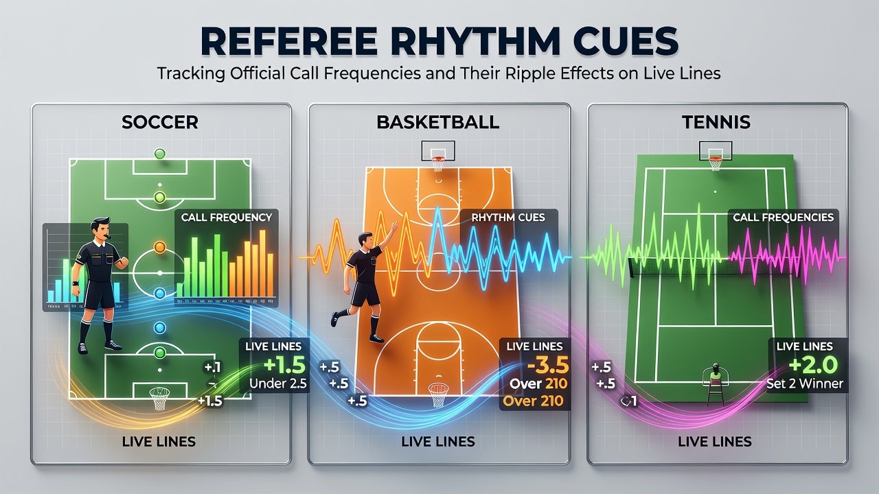 Soccer referee signaling during a match with visible call frequency patterns in action