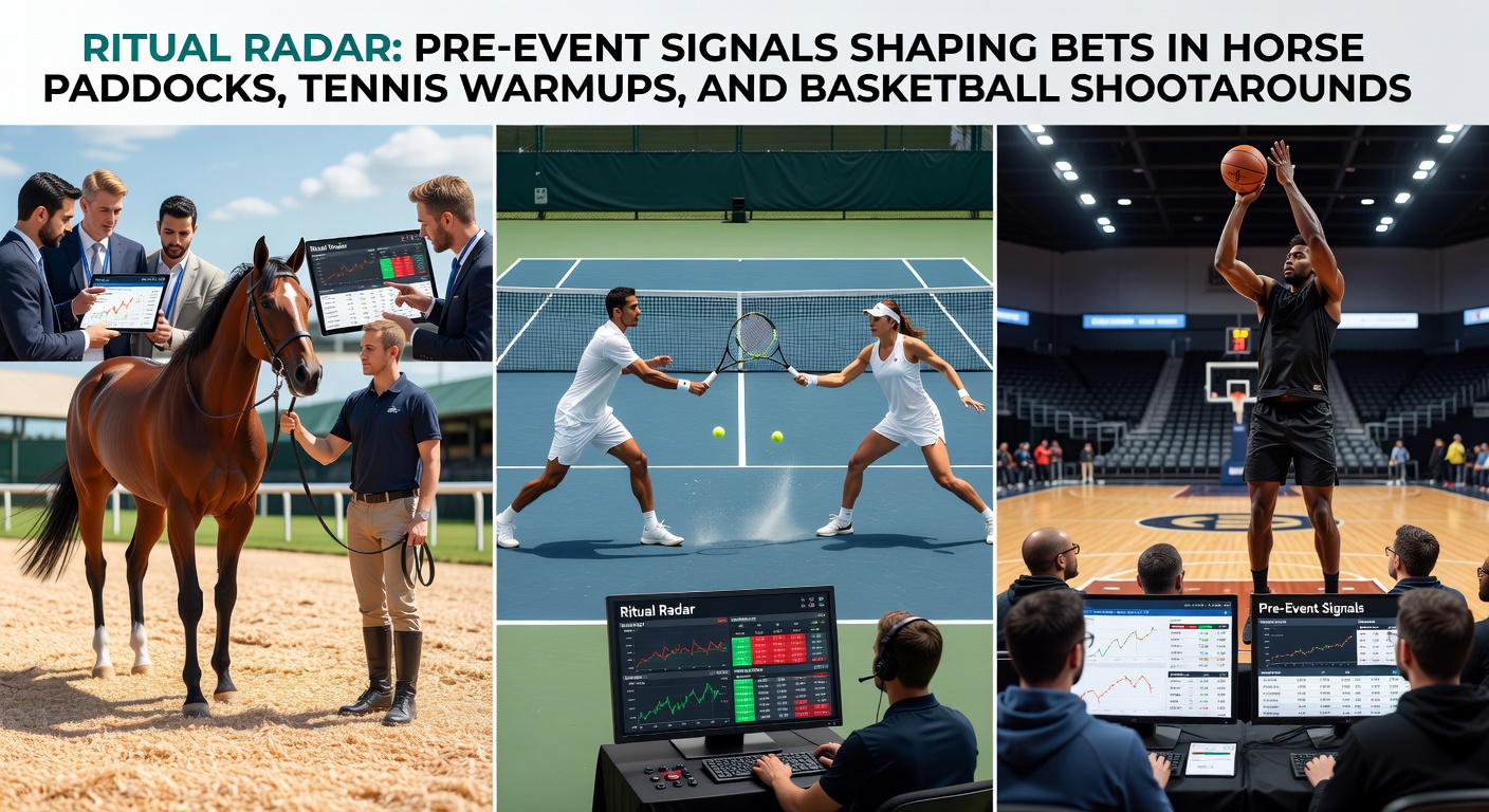 A horse in the paddock being inspected by bettors and handlers, showing calm demeanor before a race