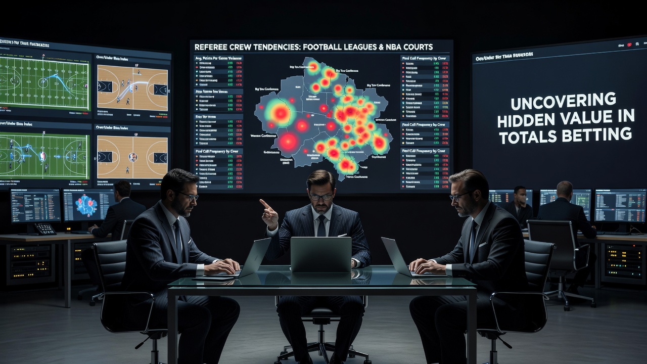 Referee crew analyzing game footage from multiple leagues during a data review session