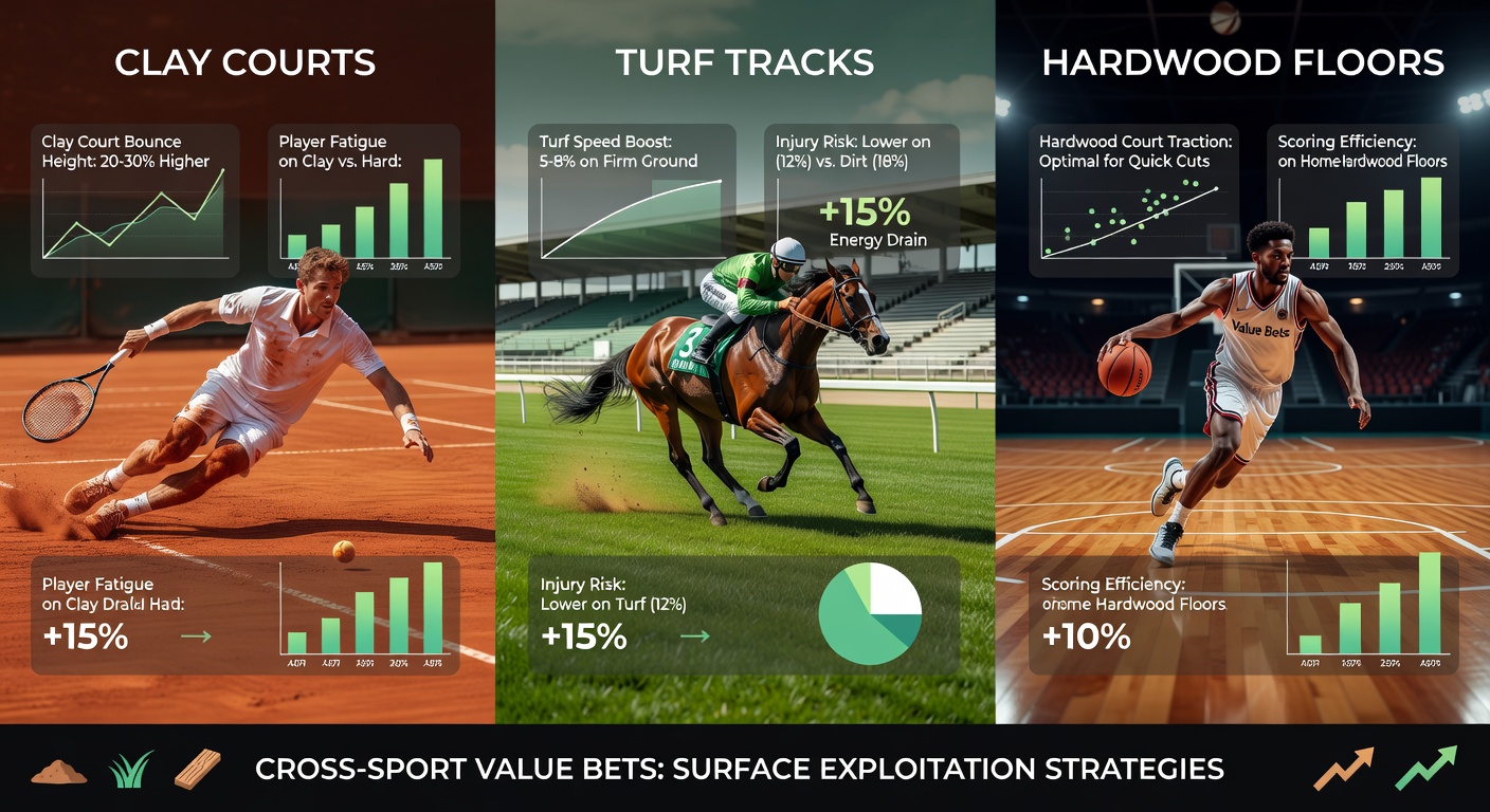 Horse thundering down a lush green turf track under overcast skies, kicking up divots as jockey urges it forward