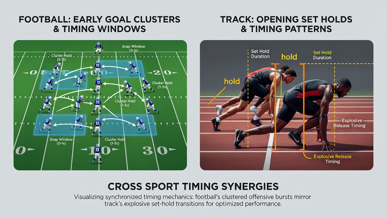 Split screen showing football pitch with early goal celebration and tennis court with player holding serve in opening set