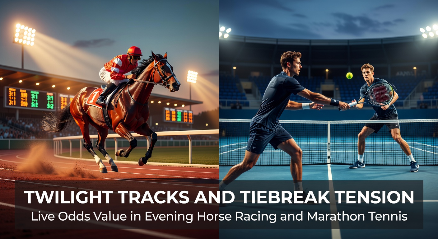Horses thundering down a floodlit track at dusk, with punters glued to live odds screens