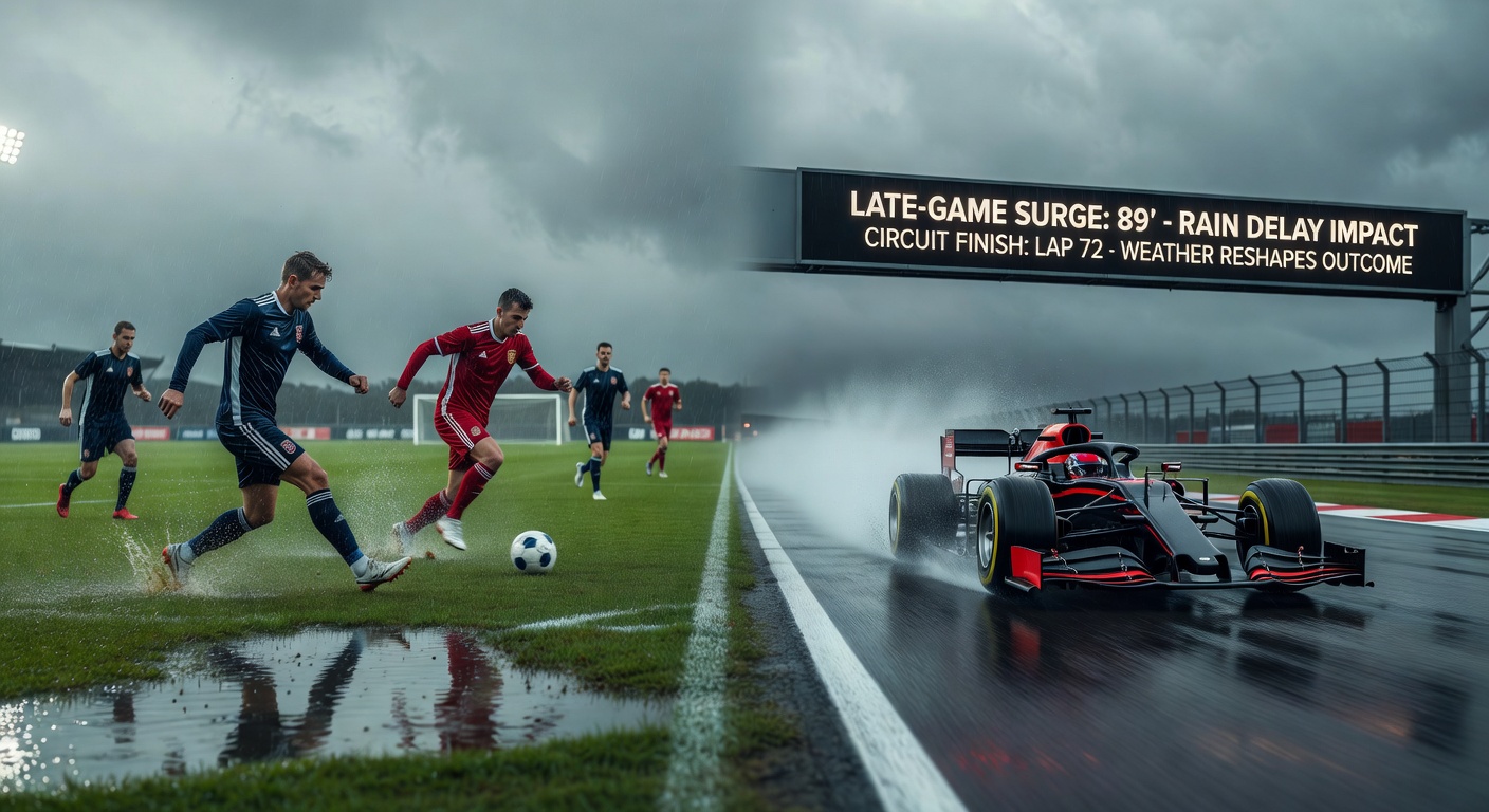 Athletes competing on a soccer pitch under changing weather conditions with visible wind and cloud cover affecting play