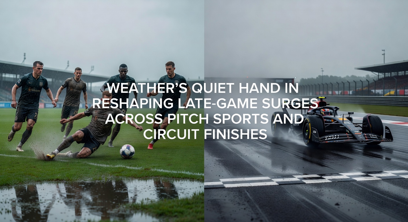 Racehorses approaching the finish line on a turf circuit with light rain and wind influencing stride patterns