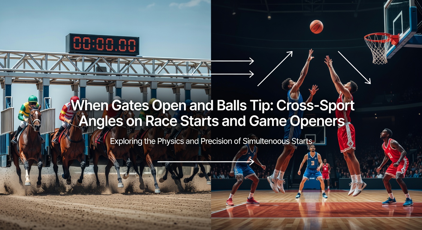 Horse racing gates opening at the start with jockeys urging horses forward, paralleled by a basketball tip-off in mid-air jump