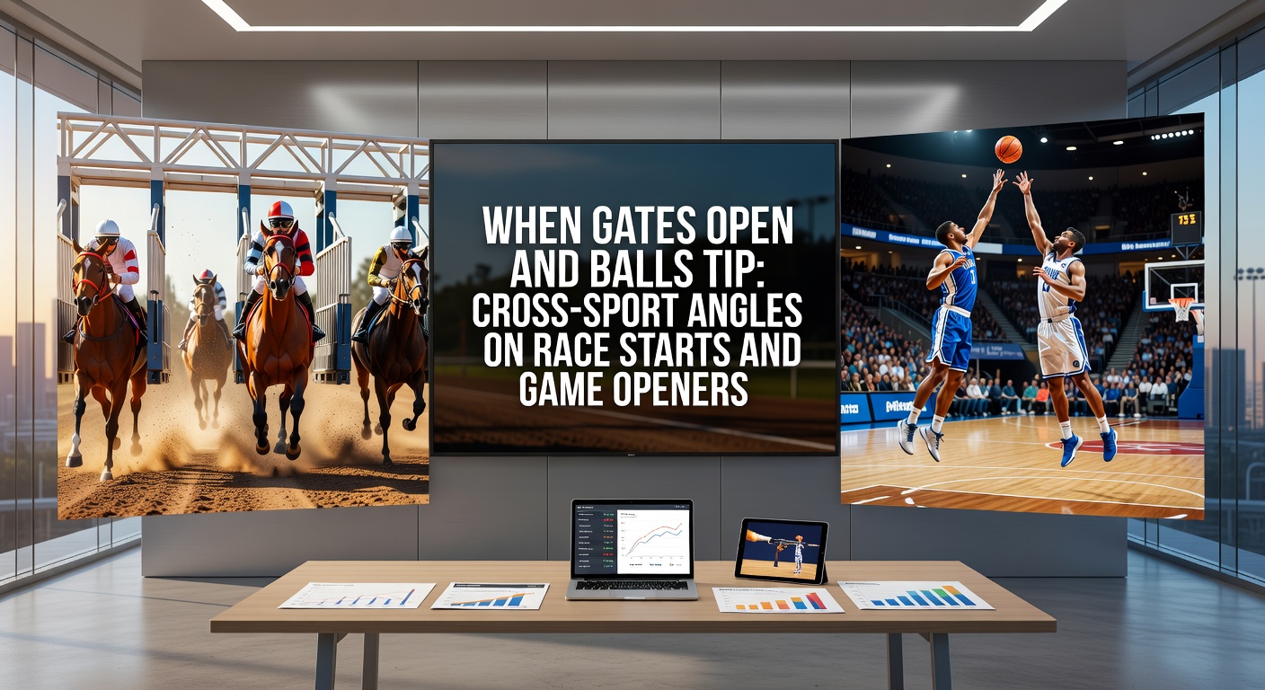 Close-up of a basketball player winning a tip-off against an opponent, with inset of horses bursting from starting gates