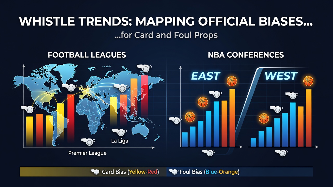 Detailed infographic showing referee card distribution patterns across major European football leagues and NBA conference foul rates