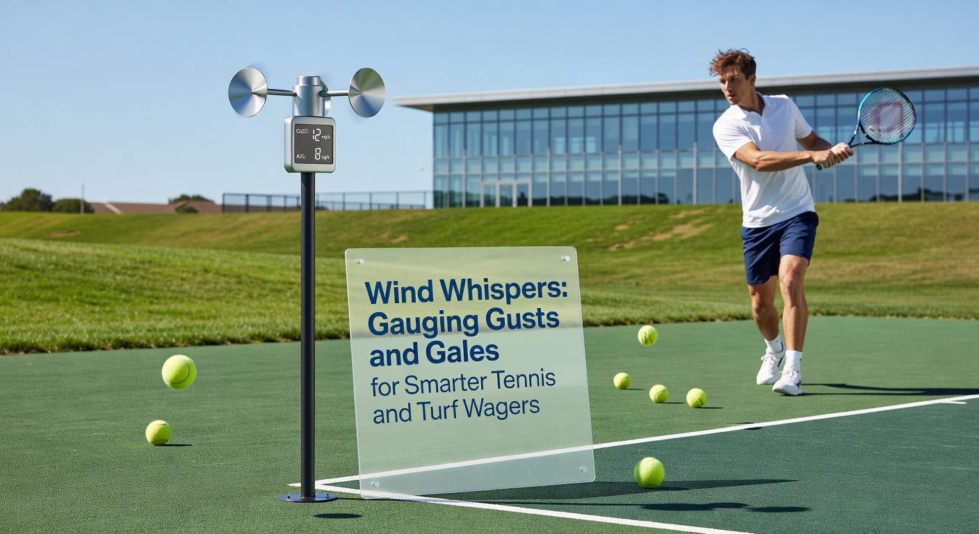 Tennis player serving against strong winds on an outdoor court, with gusts visibly bending the ball's trajectory